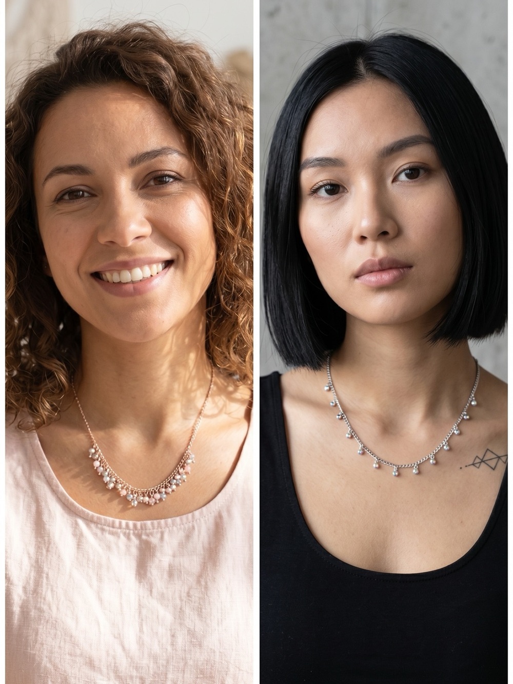 2 Delicate Beaded Pendant Necklace - Rose Gold and Silver